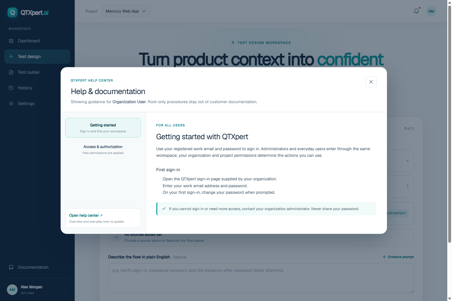 QTXpert in-product help center showing a Getting started guide