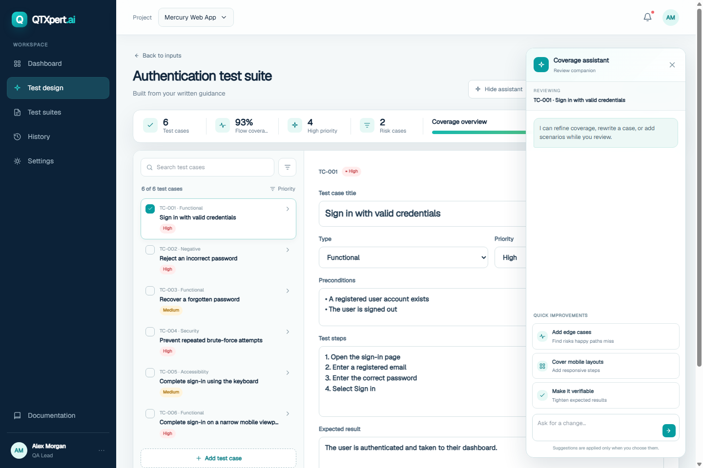 QTXpert generated test suite with test cases, coverage metrics, and a governed Autopilot run