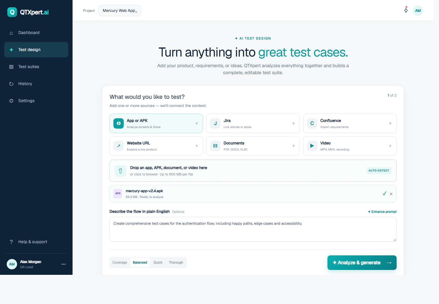 QTXpert test design workspace with product context inputs and a plain-language prompt